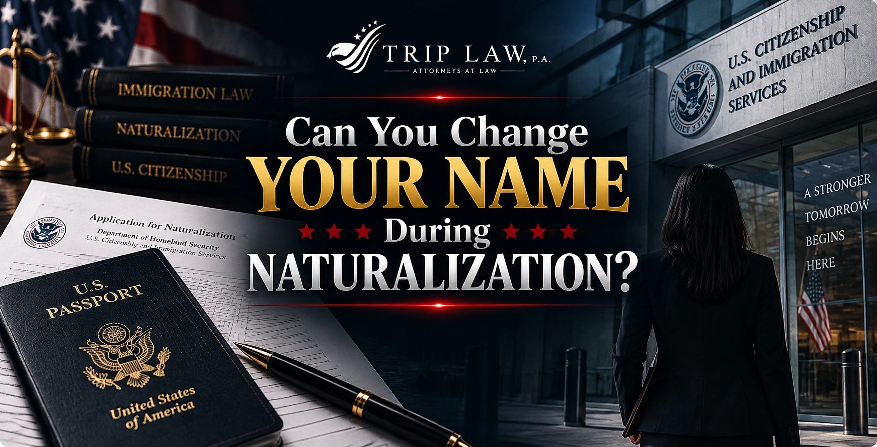 Changing Your Name During US Naturalization Process US passport and naturalization application documents next to immigration law books outside a USCIS building.