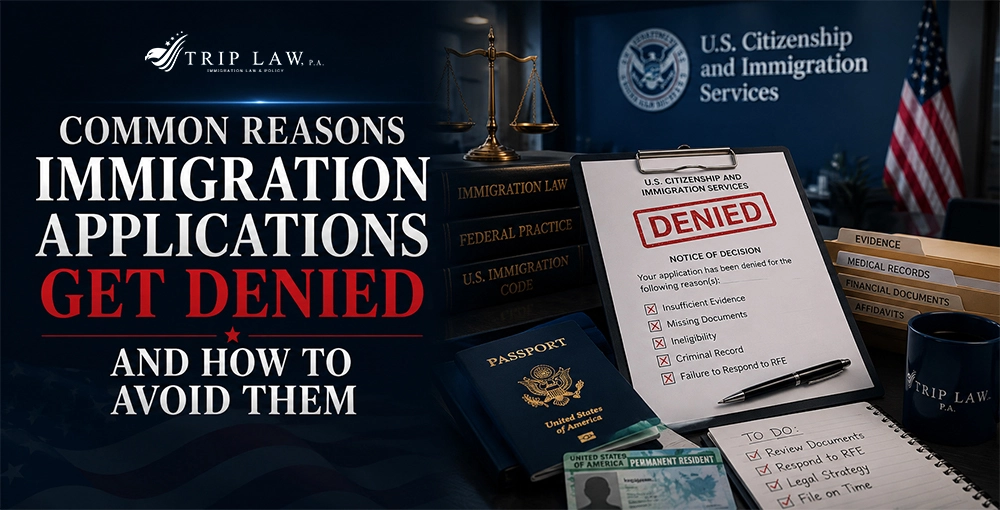 Common Reasons Immigration Applications Get Denied and How to Avoid Them Immigration application denial notice with U.S. Citizenship and Immigration Services documents, passport, legal records, and evidence explaining common reasons for visa or immigration application denial.