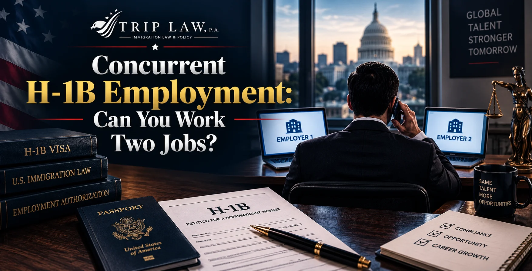 Concurrent H-1B Employment Can You Work Two Jobs Professional working on two laptops with multiple employers alongside H-1B visa books, a passport, and an H-1B petition form.