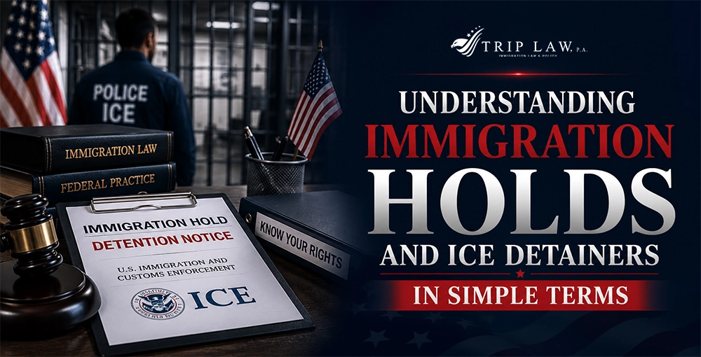 Understanding Immigration Holds and ICE Detainers Immigration hold and ICE detainer notice with immigration law books, legal gavel, U.S. flag, and ICE officer near a detention facility.