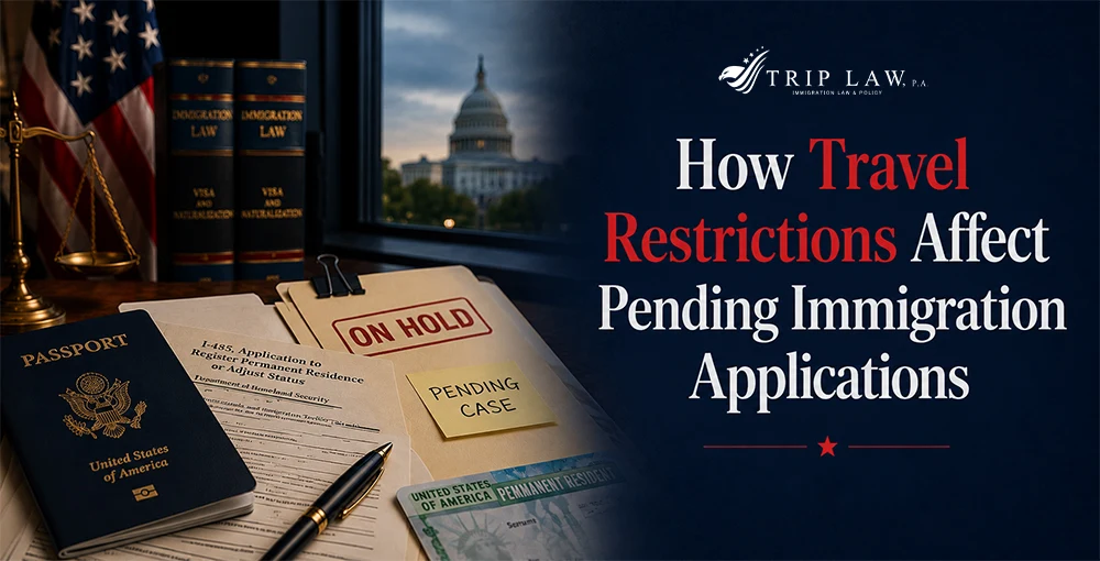 Travel restrictions affecting pending immigration applications with passport, immigration forms, and legal documents.
