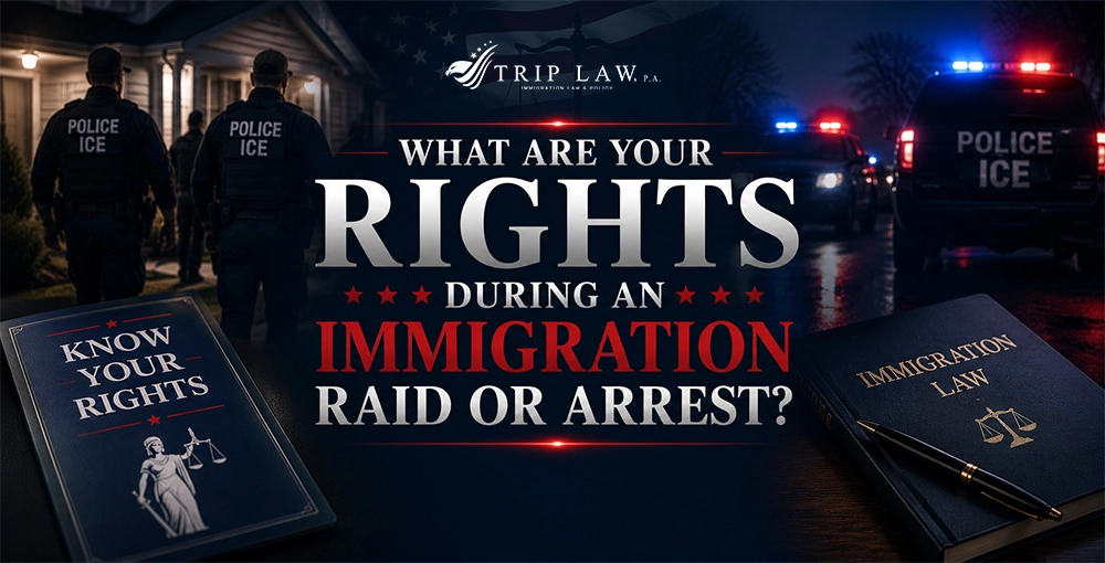 What Are Your Rights During an Immigration Raid or Arrest? Immigration law graphic showing ICE officers, police vehicles, immigration law books, and know your rights materials explaining legal rights during an immigration raid or arrest.