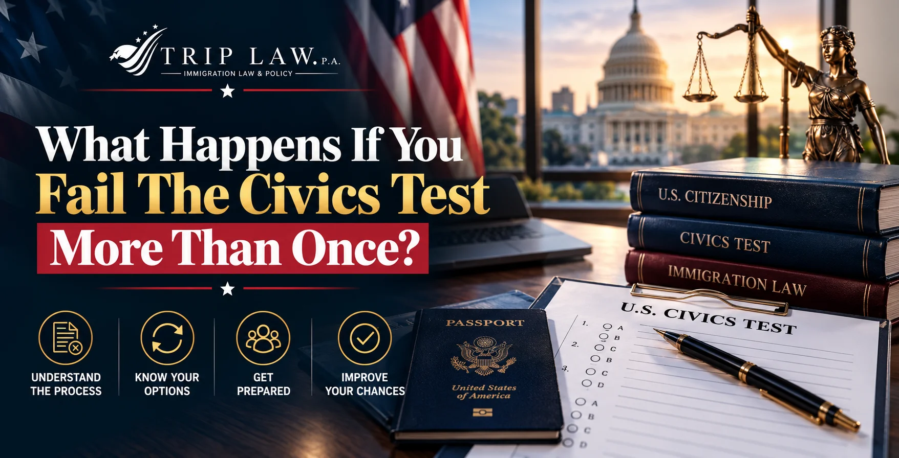 U.S. civics test paper, a United States passport, law books, and a Lady Justice statue on a desk with the U.S. Capitol visible through a window.
